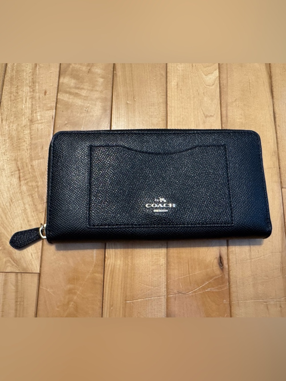 Coach Black Pebbled Zip Wallet with Gold Logo